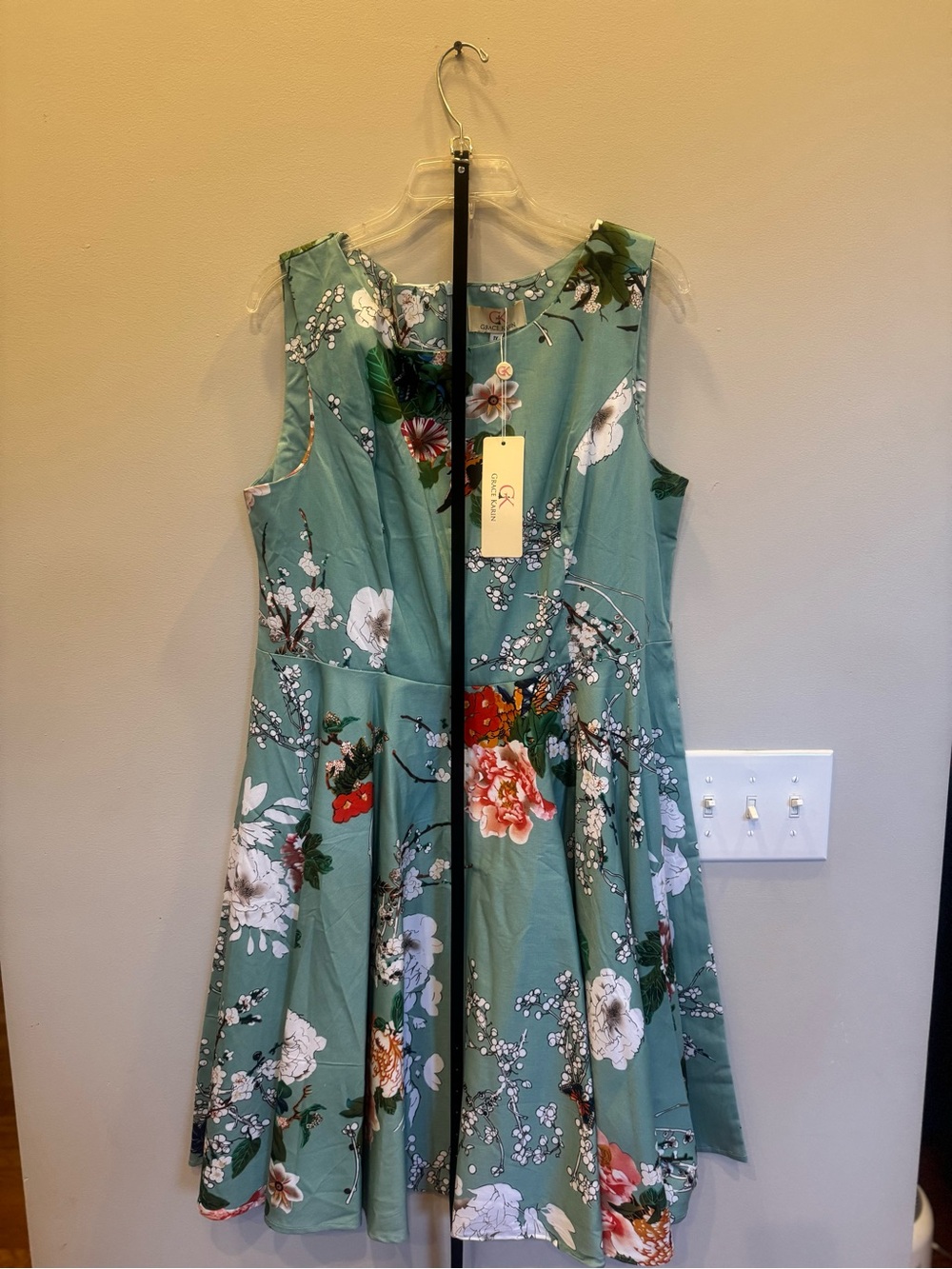 Grace Karin Sage Green Floral Fit-and-Flare Midi Dress